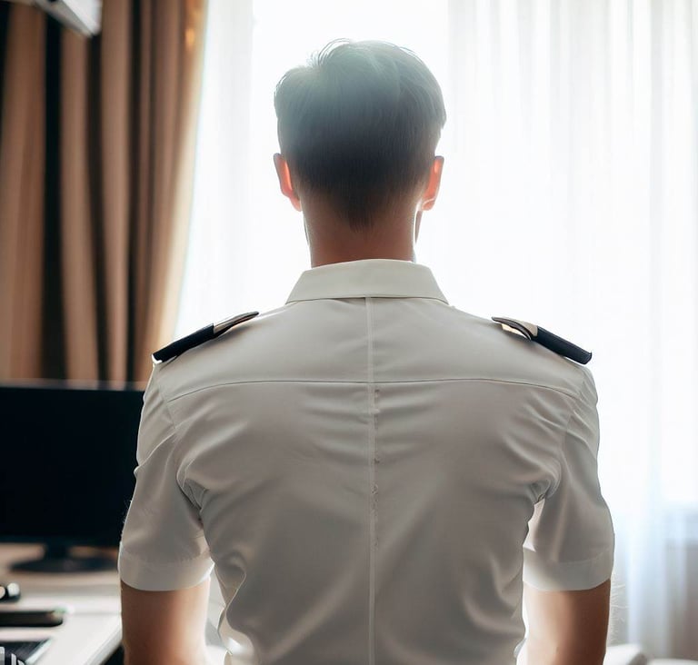 A pilot / aircrew seen from behind in a hotel room