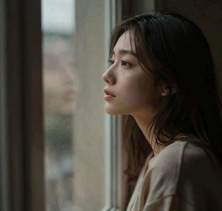 Candid, soft-focus shot of a young woman looking out of a window. The lighting is moody and natural, creating a contemplative atmosphere. Film grain visible. Colors: #3E352B, #D1B499.