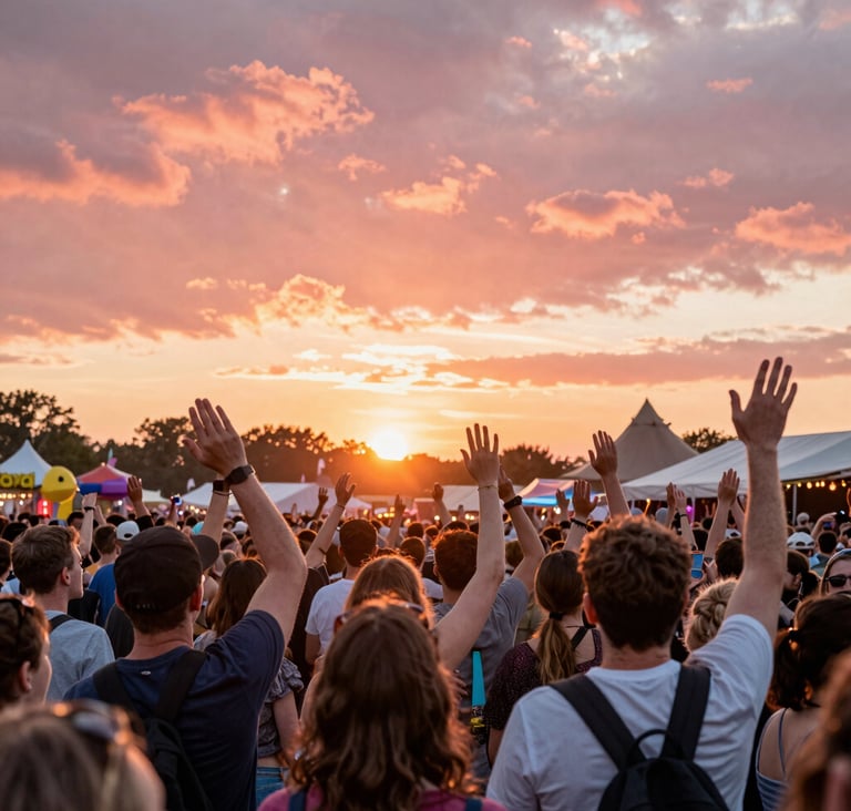 A wide-angle shot of an enthusiastic crowd with hands raised at an International / English-speaking outdoor festival. The setting sun creates a warm glow with hints of vibrant salmon red in the sky, reflecting a bright and funky atmosphere.