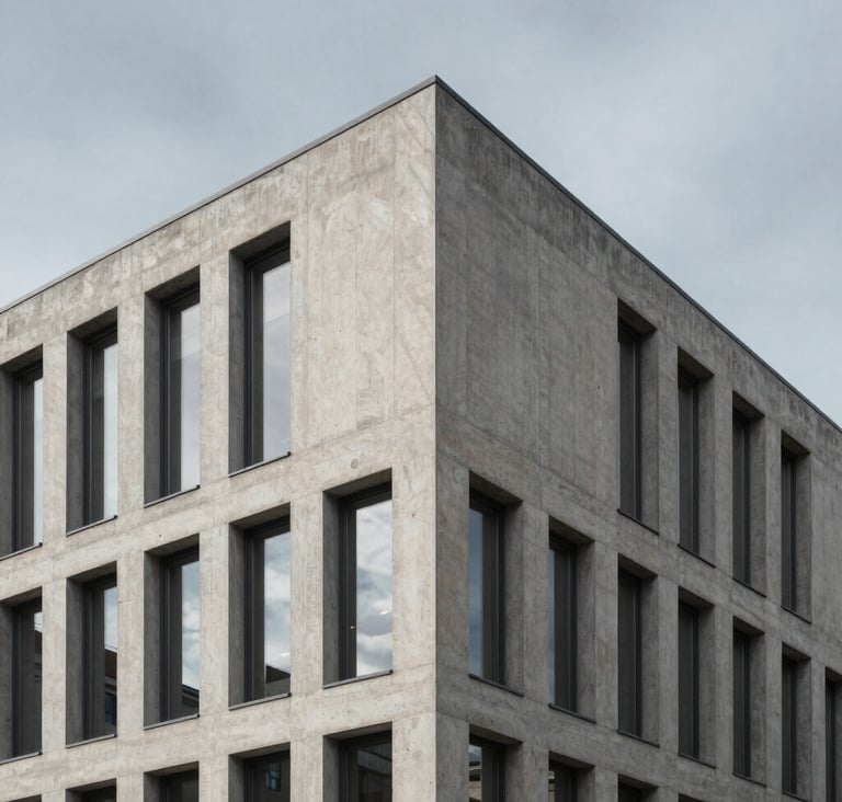 Architectural photography of a modern concrete building in a Northern European city. The shot focuses on the intersection of sharp geometric lines and light gray textures against a muted sky. The atmosphere is quiet, professional, and minimalist.