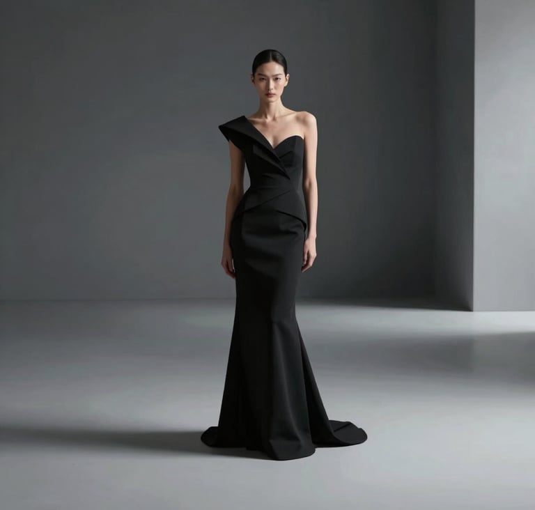 A full-length fashion shot of a model wearing a sculptural black gown from the collection, standing in a serene, minimalist architectural space with soft shadows and sharp lines, palette includes #0F0F0F and #333333.