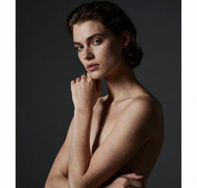 Artistic video still featuring a model in a Renaissance-style pose. Chiaroscuro lighting creates a dramatic effect with light hitting only half of the face. The background is a dark charcoal (#363131), while skin tones are warm and sandy (#D5BFB3). Sophisticated and professional artistic photography style.