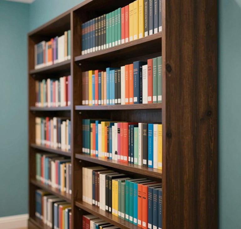 A vertical composition of library shelves where dark wood #3D3B3C frames meet soft teal #7A9E9F walls. The shelves are filled with a thoughtful mix of thick academic volumes and brightly colored picture books, symbolizing scholarly rigor and creative flair.