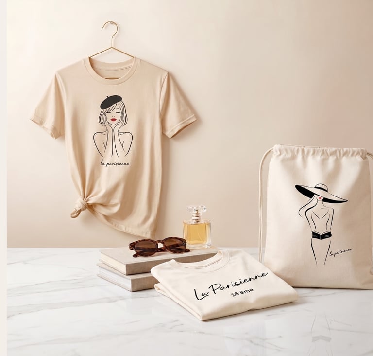 Minimalist French style graphic tee and drawstring bag set with chic illustrations and fashion accessories.