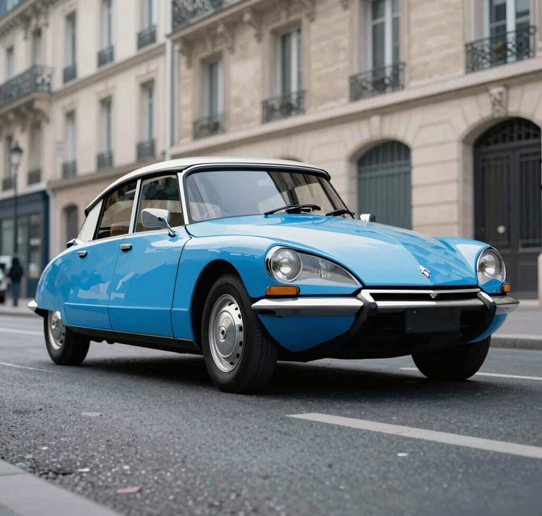 A low-angle shot of a vintage 1960s Citroen DS on a Parisian street, rendered in a graphic comic book style with flat blue and black colors, heavy film grain, and no gradients.