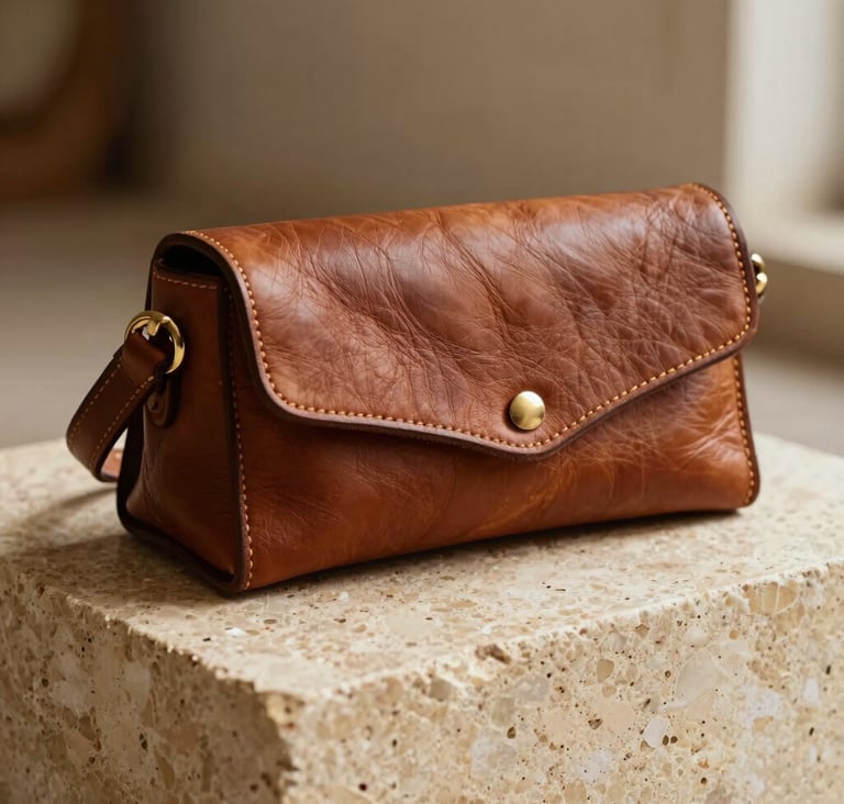 A high-fashion magazine style photograph of a handcrafted, textured leather accessory resting elegantly on a warm beige travertine stone pedestal. Diffused natural light illuminates the fine leather grain, conveying heritage, artistry, and luxury in a South American editorial setting.