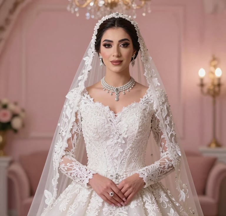 Portrait of a Middle Eastern bride in a luxurious white wedding dress with intricate lace, standing in a sophisticated studio setting with soft rose-colored lighting and a blurred background.