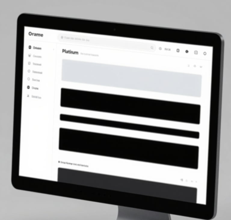 A close-up of a high-resolution display showing a sophisticated UI wireframe. The design uses Platinum (#EFEFF0) and Black (#000000) blocks to create a clean, modern structural layout. Soft studio lighting.