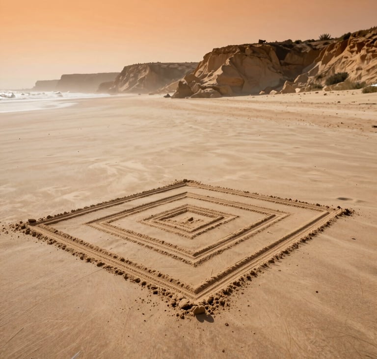 Wide-angle cinematic shot of a vast soft sand beach with a large geometric sand art pattern. In the background, muted tan cliffs rise against a sun-drenched, hazy orange sky.