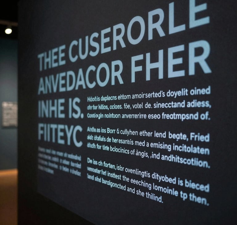 A cinematic, close-up photograph of an interactive digital installation in a modern North American museum. The display shows muted indigo text over a dark charcoal background. The lighting is low and focused, emphasizing a sense of professional mystery.