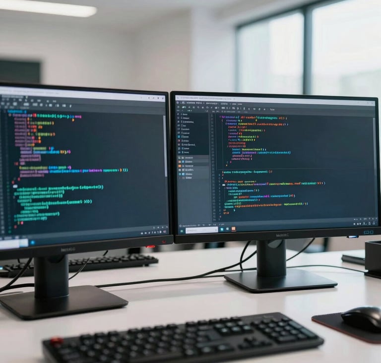 A close-up shot of a high-tech computer workstation in Mexico City, Mexican / Latin American workspace, displaying complex lines of secure code on dual monitors. The room is clean, minimal, and filled with bright daylight, casting subtle teal accents. Rigorous academic atmosphere.