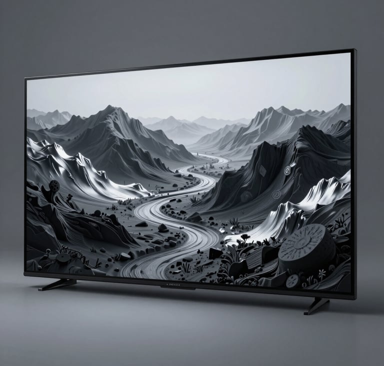 Professional photography of a complex 3D environmental art piece displayed on a large sleek screen in a North American / US studio. The art features surreal landscapes rendered in shades of dark charcoal and cool silver gray.