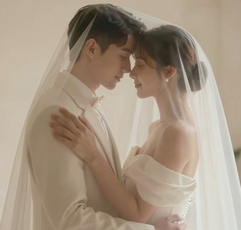 A timeless wedding portrait of a couple embracing under a sheer veil, soft focus, warm and sophisticated lighting, highlighting the #F5F2F0 cream tones.
