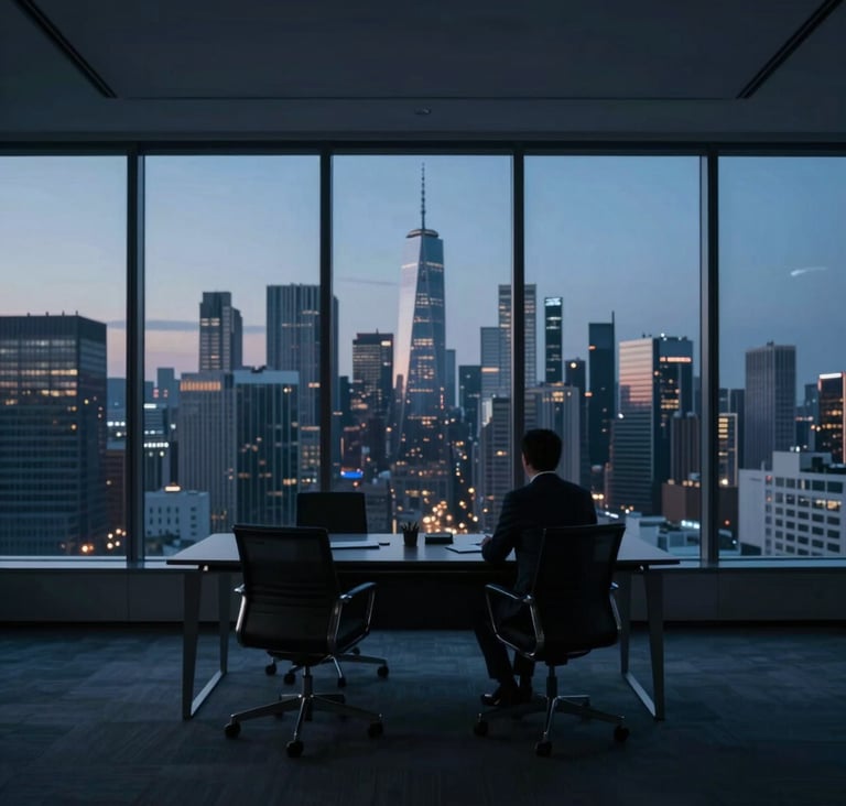 A minimalist, high-end executive office at twilight with a view of a global financial district. The scene is dominated by deep navy shadows (#1A2C38) and subtle steel-blue reflections (#4A6D7C). The lighting is precise and atmospheric, suggesting a space for rigorous intellectual analysis and strategic foresight.