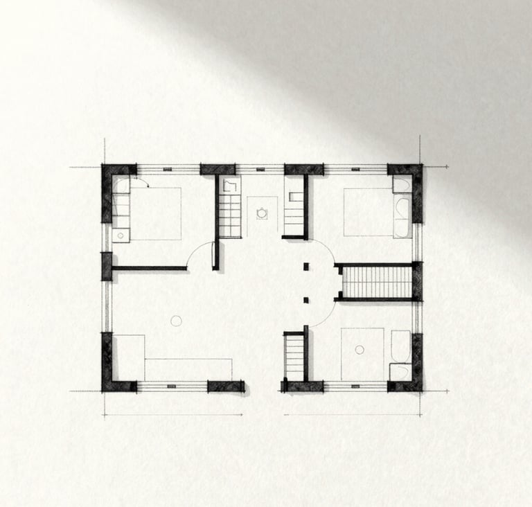 A minimalist architectural sketch on textured off-white paper. Hand-drawn charcoal (#333333) lines showing a spatial floor plan, surrounded by generous white space and soft natural light.