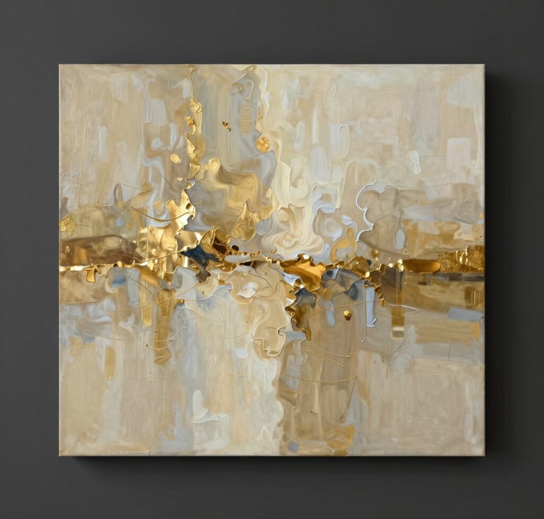 A high-resolution photograph of a large-scale abstract painting displayed on a dark charcoal wall. The artwork features flowing textures in muted antique gold and warm cream beige. Soft directional lighting from the side emphasizes the canvas depth.