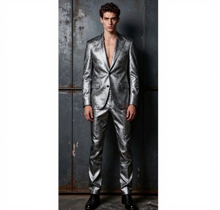 A full-body editorial photograph of a model in a metallic silver tailored suit, standing against a weathered dark grey steel wall. The lighting is dramatic and moody, emphasizing a powerful masculine silhouette.