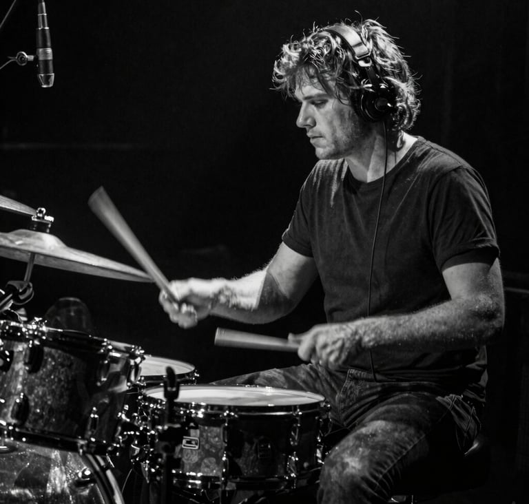 A high-contrast black and white photograph of a drummer in motion during a live set. The lighting is dramatic, capturing the energy of the performance in a Western European / Dutch music venue. Deep black shadows and sharp light grey highlights.