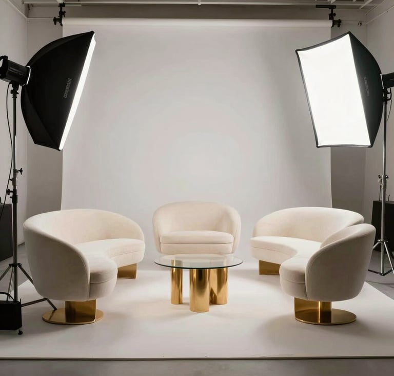 A wide photography shot of a professional film set in a Parisian studio, featuring avant-garde furniture in off-white and gold accents, large softbox lighting, clean lines, professional production design atmosphere, Western European / French.