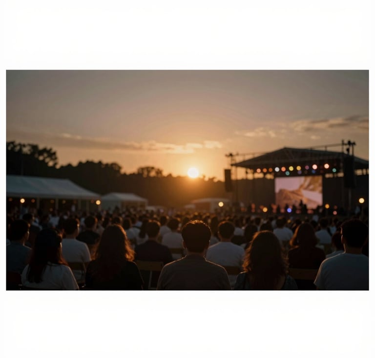 A wide cinematic shot of a sunset event at an outdoor venue. The lighting is golden and moody, incorporating deep shadows of #20232B and highlights of #F7F5F0 to showcase Joy Liu's expertise in professional lighting.