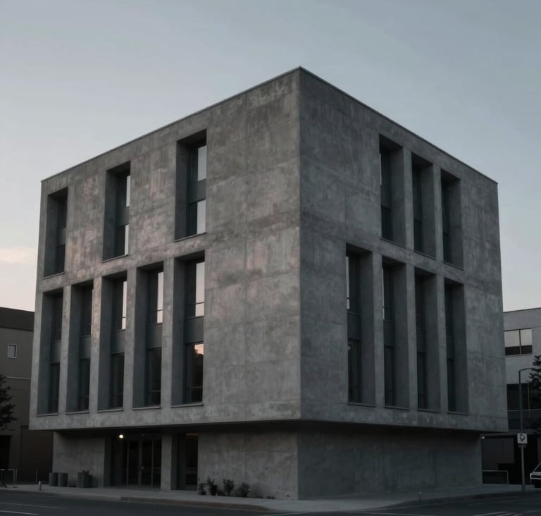 Wide cinematic shot of a modern concrete building at dusk, deep shadows (#1A1A1A) contrasting with soft gray highlights (#8C9CA6), moody atmospheric lighting, high resolution.