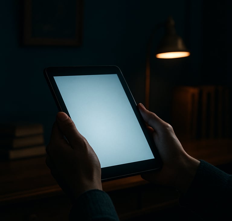 A cinematic shot of a person's hands holding a tablet in a dimly lit study in Brazil. The screen glow illuminates the hands, while the background features dark blue walls and professional lighting. The mood is serious and contemplative.