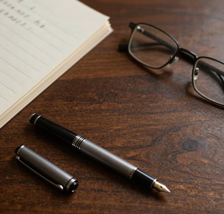 A quiet, top-down shot of an espresso-colored wooden desk. On it lies a single open fountain pen, a pair of vintage spectacles, and a stack of cream-colored paper with handwritten notes. The atmosphere is scholarly and focused.