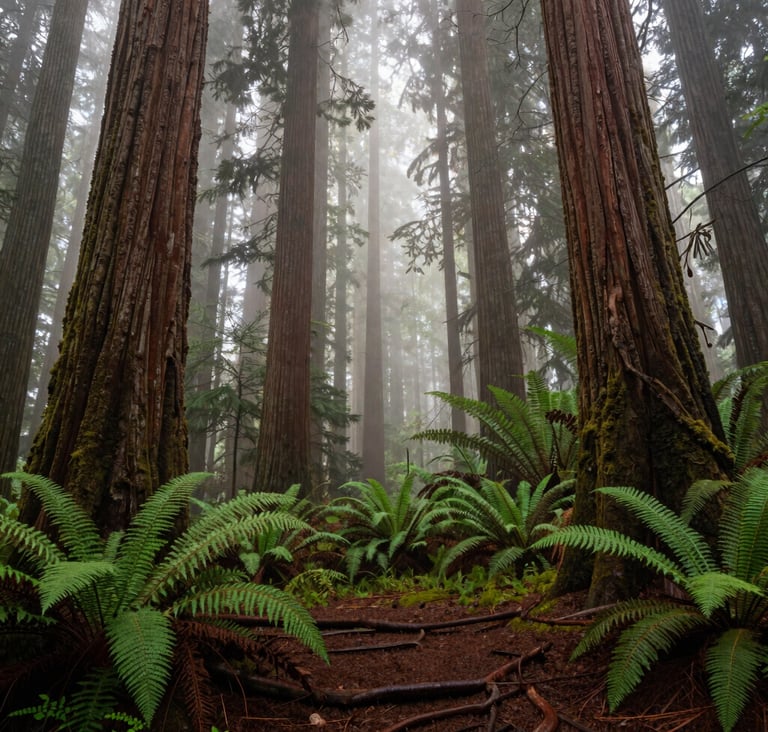 Cinematic wide-angle shot of a misty redwood forest in the Pacific Northwest. The towering trees disappear into a soft fog, with a floor of deep forest green ferns and moss. Earth brown soil peeks through the roots. Soft, diffused morning light creates a tranquil and immersive atmosphere.