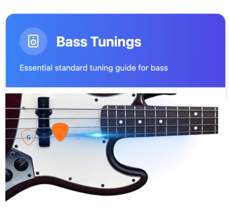 Essential standard bass tunings guide with close-up of electric bass guitar and picks.