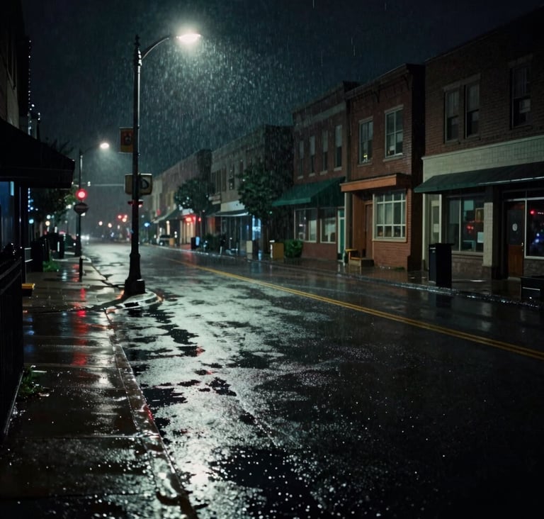 A wide cinematic still of a rain-slicked street in a North American / US metropolis at night. Long shadows stretch across the asphalt, illuminated by a single off-white streetlamp. Film noir aesthetic with a dramatic, moody atmosphere.