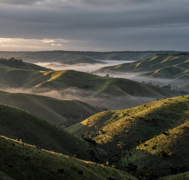 A wide cinematic landscape of the Angolan highlands at dawn, deep slate grey mists rolling over green hills with muted gold sunlight piercing through, high-end documentary photography style.