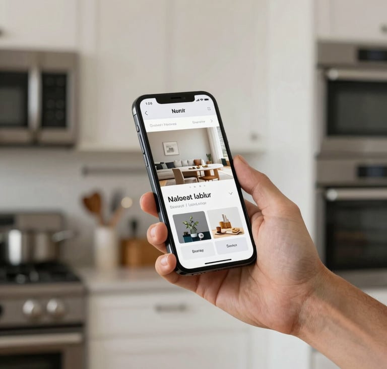 A person holding a modern smartphone in a stylish North American / US kitchen, the background blurred with soft off-white walls and jet black hardware, highlighting the user experience of a mobile website.