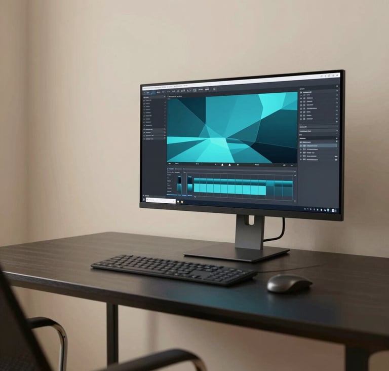 A wide-angle shot of a sleek, minimalist editing studio. A high-resolution monitor displays a vibrant 3D animation with teal blue highlights. The desk is charcoal wood, and the walls are a soft sand color, creating a clean and professional aesthetic.