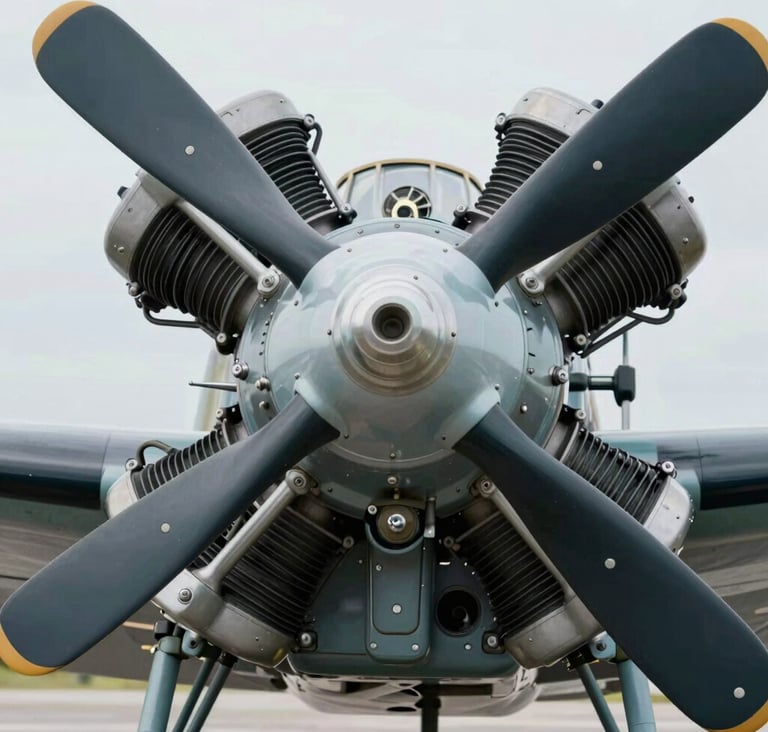 A meticulous close-up of a vintage aircraft radial engine, highlighting the metallic textures and engineering heritage. Premium, exclusive atmosphere. Incorporates #5D6D7E and #1C2833 tones.