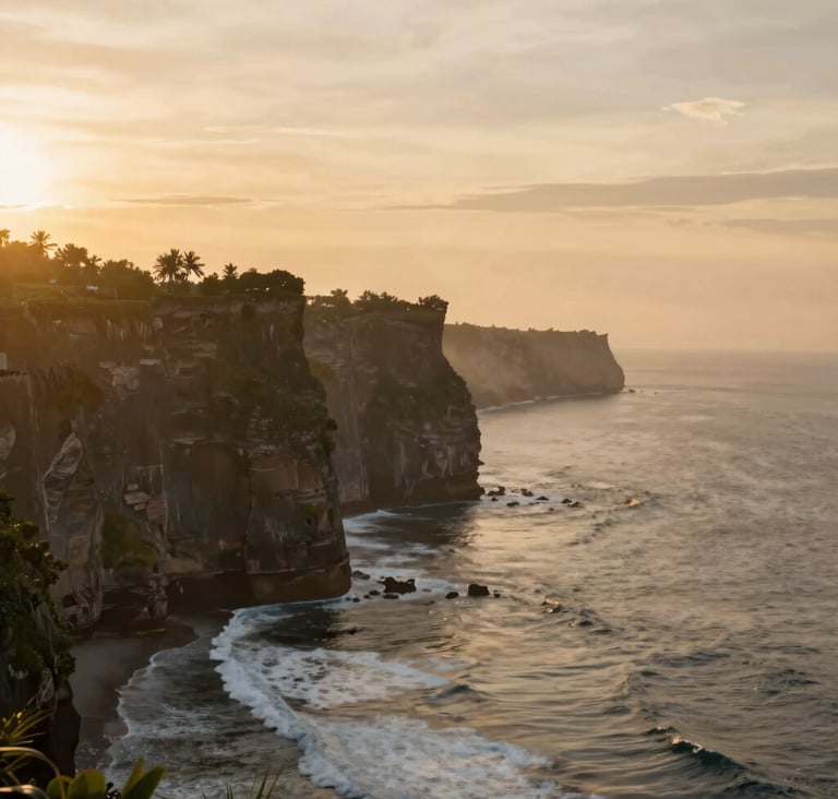 Wide cinematic shot of the Uluwatu cliffs at sunset, the Indian Ocean glowing in golden light, soft haze in the air, warm and emotive atmosphere, blending #8F6E5F and #F8F4F0 highlights.
