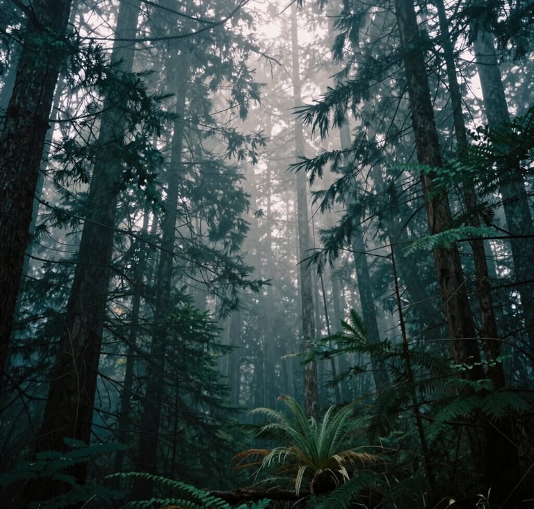 A cinematic wide-angle photography shot of a misty forest in the North American Pacific Northwest, evocative of a thoughtful documentary scene. Soft, natural morning light filters through muted teal-colored trees.
