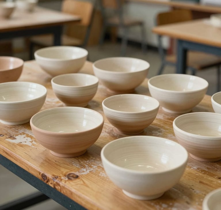 A collection of student-made ceramic bowls on a rustic wooden table in a North American school studio. The lighting is soft and warm, highlighting textures in shades of tan and cream.