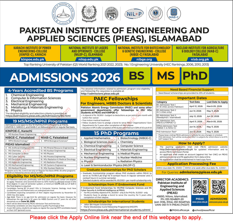PIEAS Fellowships 2026 February MS / Postgraduate Programs for Engineers, Scientists & Doctors in PAEC KINPOE