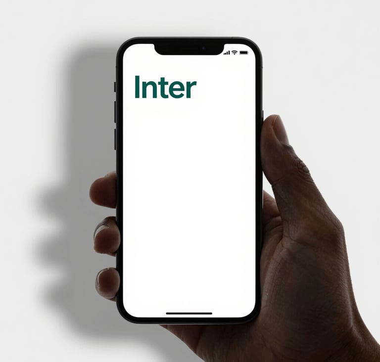 A high-resolution, close-up shot of a modern smartphone displaying an elegant user interface. The design uses plenty of white space and crisp, functional typography in Inter font. The color palette includes subtle accents of #3F5E5C against a clean #F0F4F4 background.