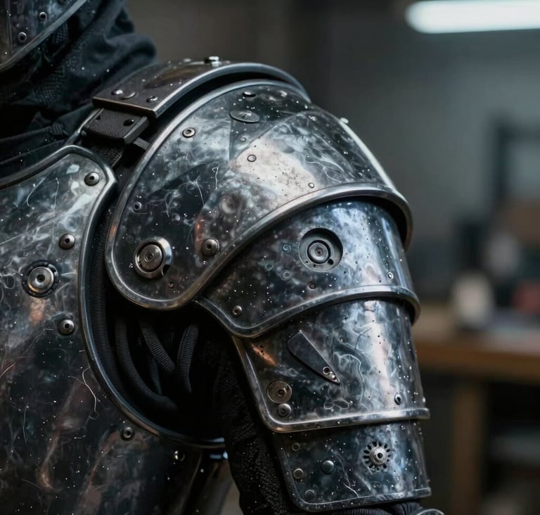 Close-up macro photography focusing on the intricate mechanical details of a character's shoulder armor. The material is a combination of charcoal black composite and worn soft silver metal, illuminated by cool, low-key lighting in a North American / US workshop environment.