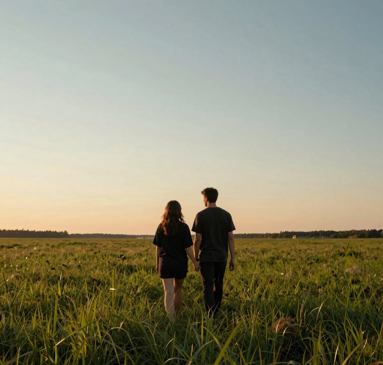 A wide, cinematic vertical shot of a couple walking through a lush North American / US meadow at sunset. The sky is a gradient of light blue and soft orange, casting a warm glow over their charcoal-colored attire.