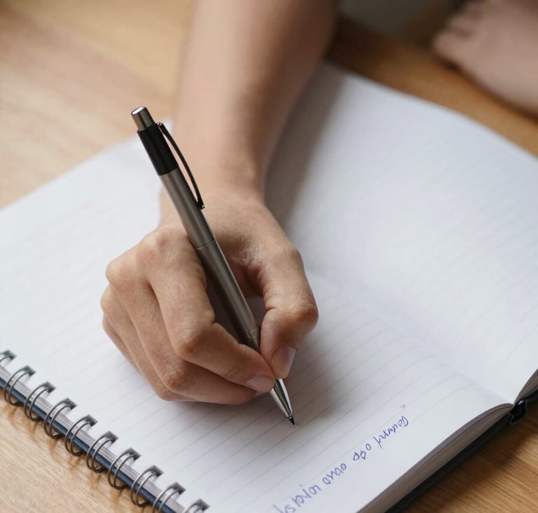 Close-up overhead shot of a student's hand writing notes in a ruled notebook on a wooden desk, natural daylight from the left side, a pen resting on open pages, study-focused and still