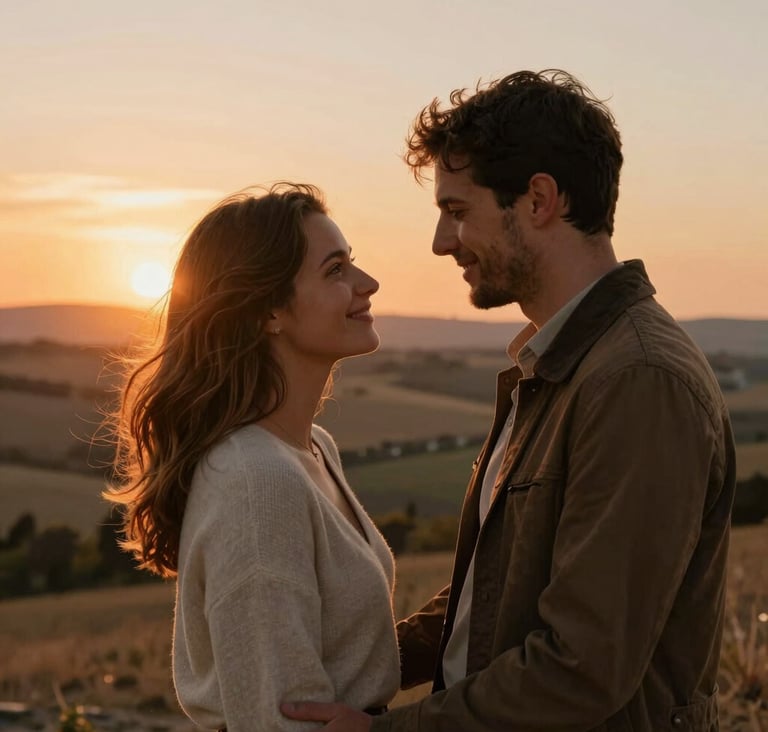 Cinematic outdoor lifestyle photo capturing a tender moment between a couple in Southern Europe. Warm sunset lighting with beautiful orange and sand hues illuminating the scene. Natural expressions, candid style, soft focus background of countryside hills.