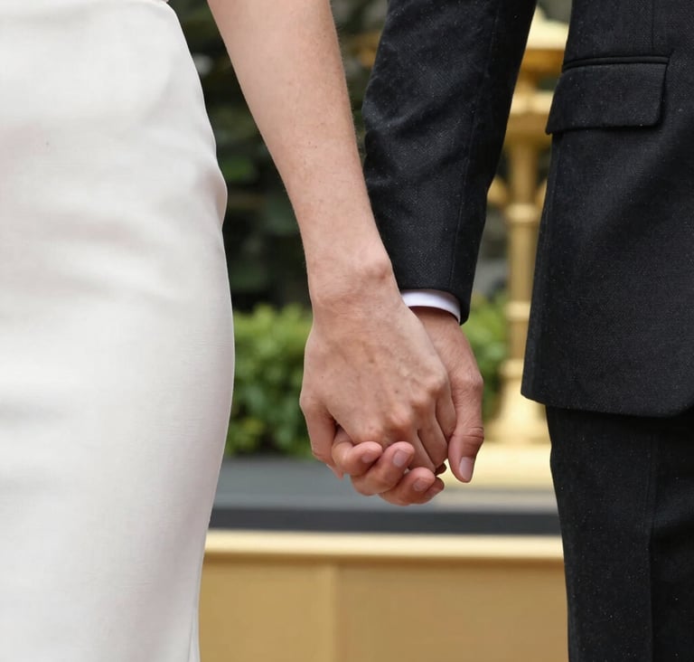 An artistic close-up photography of a couple's hands joined together, featuring elegant attire in charcoal black and soft off-white. Photographed in a modern garden in Istanbul with luxury gold accents in the soft-focus background.