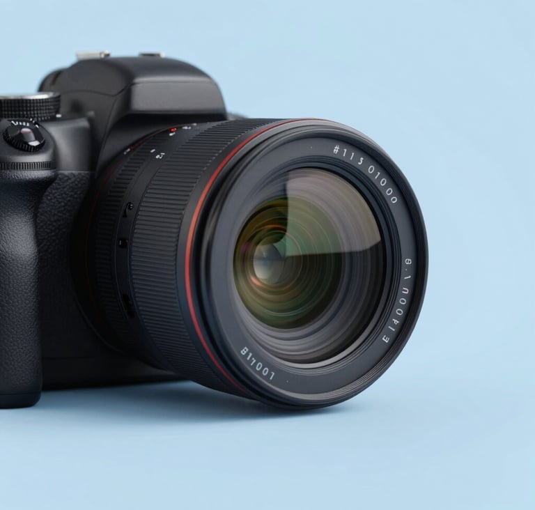 A minimalist composition showing a sleek digital interface reflecting a professional camera lens, merging photography with technology, using a color palette of #1A202C and #E0FBFC.