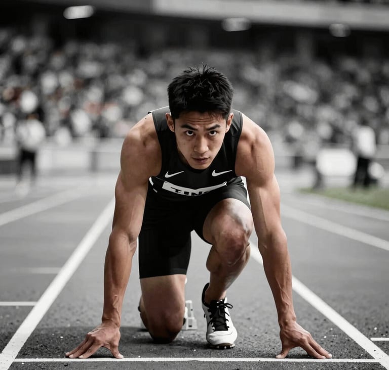 Action photography of a sprinter at the starting blocks, sharp focus on the athlete's intense eyes, blurred stadium background in a Western international arena, dramatic lighting, high contrast with deep black and white tones.