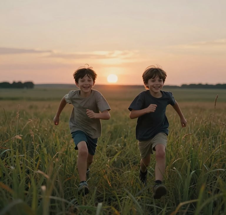 A cinematic shot of two children running through tall grass in the North American US countryside at dusk. The setting sun creates a warm rim light. Authentic, joyful expressions with a soft sand aesthetic.
