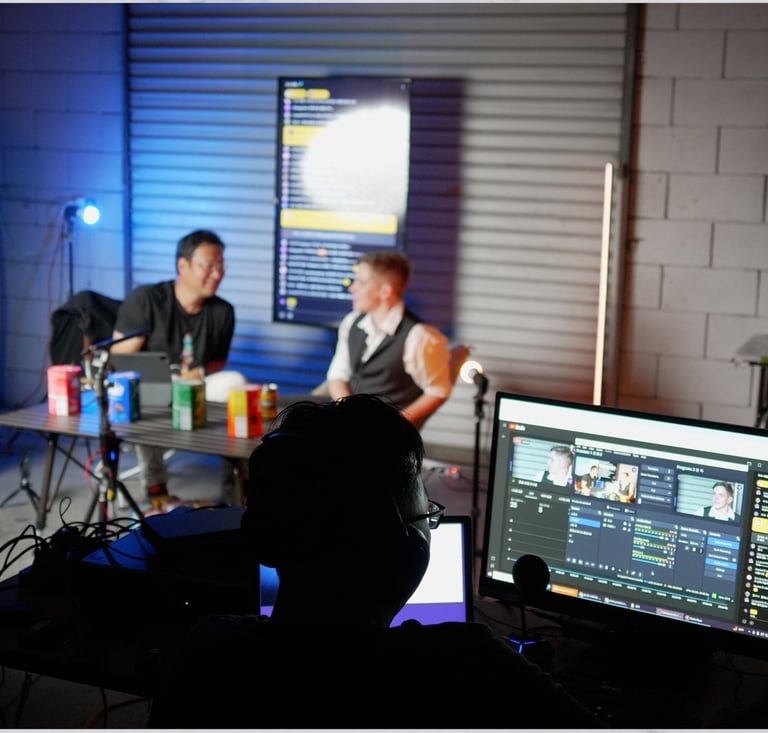 two people sitting at a table with a computer screen