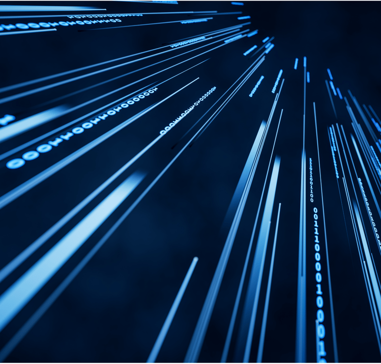 Dunkelblauer Hintergrund mit 'Nullen' und 'Einsen' in hellblau. 