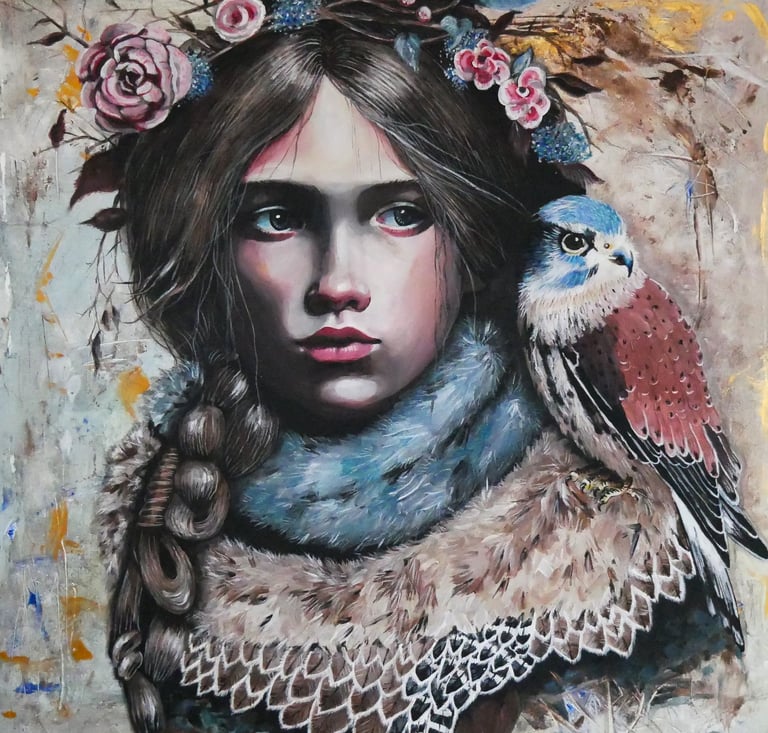 mignon janssen mignonart.de auftragsarbeit in acryl. die göttin freya mit einem falken. acrylbild. 